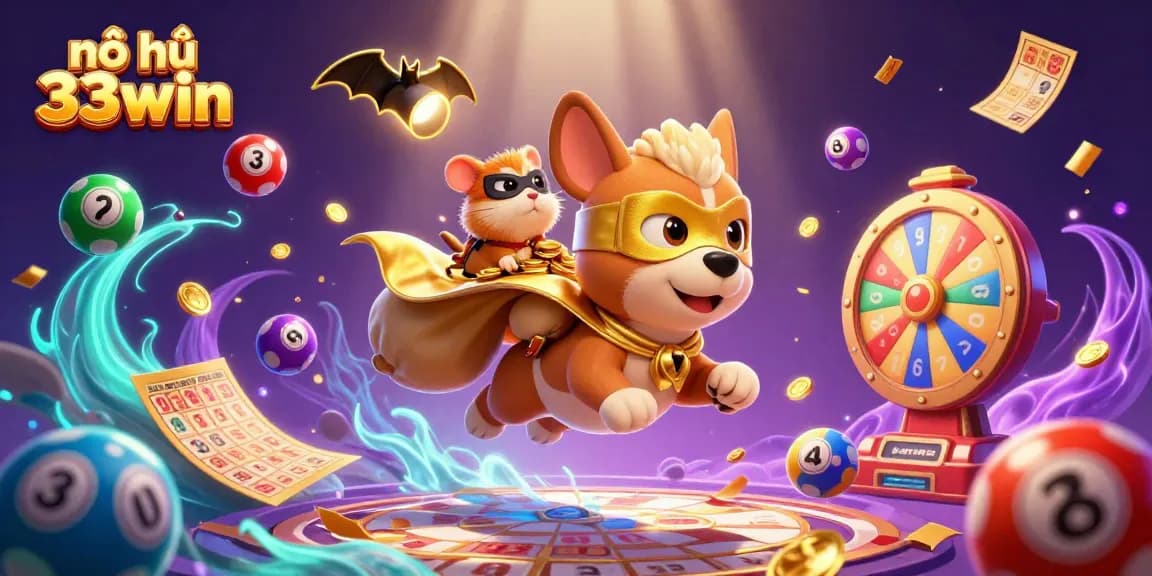 Nổ hũ 33win shows a superhero dog and a hamster in a thrilling casino scene, capturing jackpot excitement