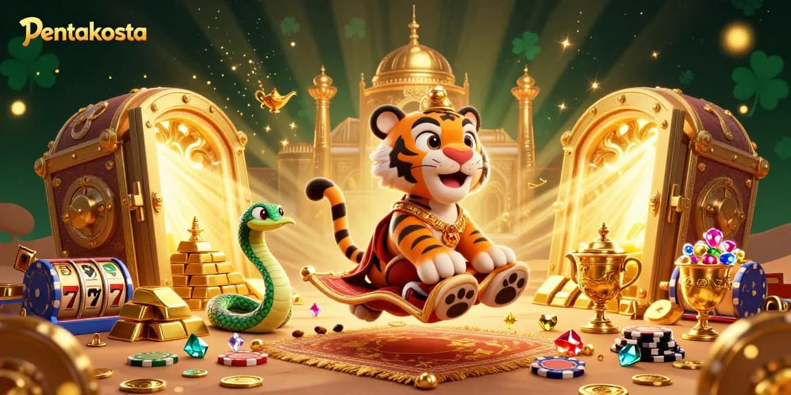 Experience the magic of pentakosta with the sultan on his poker chip carpet amidst a dazzling treasure vault.