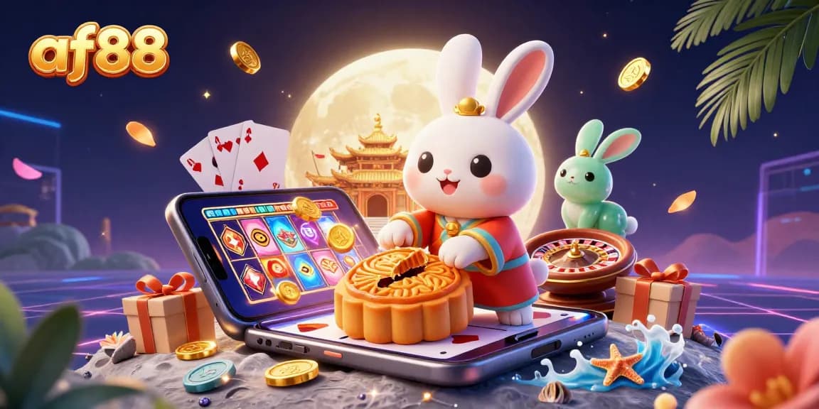 Play winning slots on af88: 3D moon rabbit game with poker chips and vibrant casino elements.