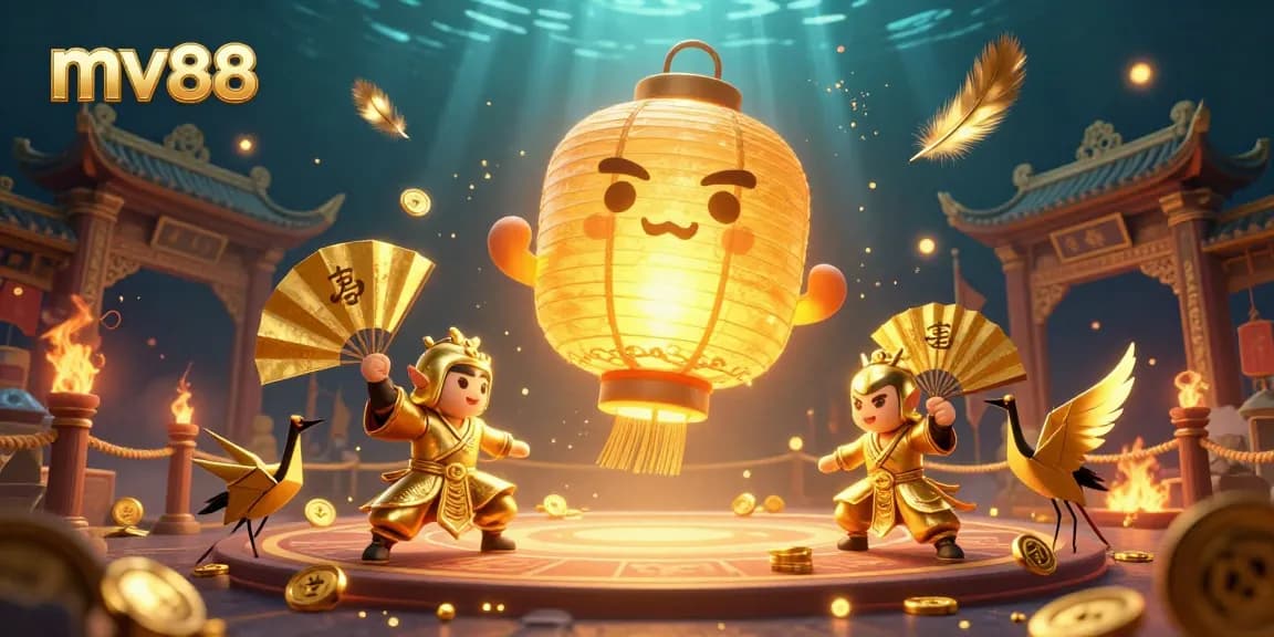 Experience thrilling gameplay at mv88's dynamic casino with a golden lantern spirit and vibrant warriors.