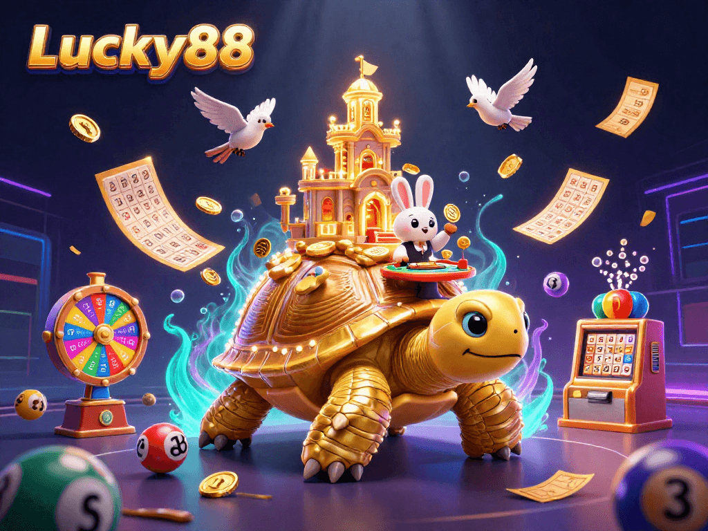 Experience Lucky88's vibrant lottery scene with dynamic elements and a captivating 3D illustration.