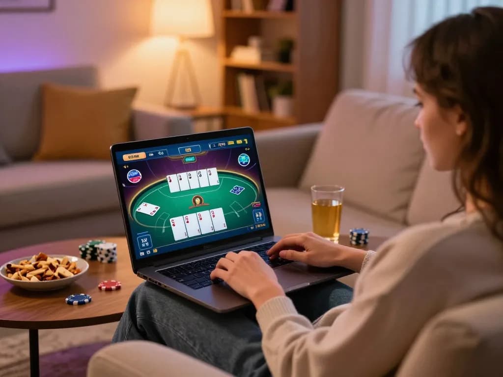 HELLO88 player enjoying online poker at home, showcasing a comfortable gaming setup.