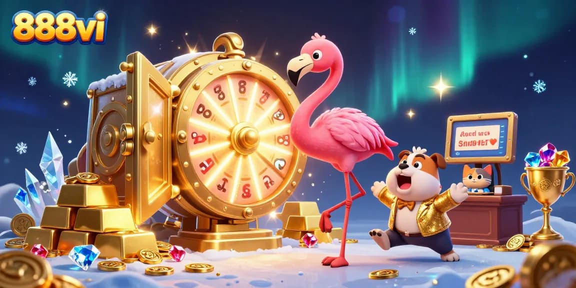 Win big with 888vi in a vibrant casino scene featuring treasure vaults and game prizes.