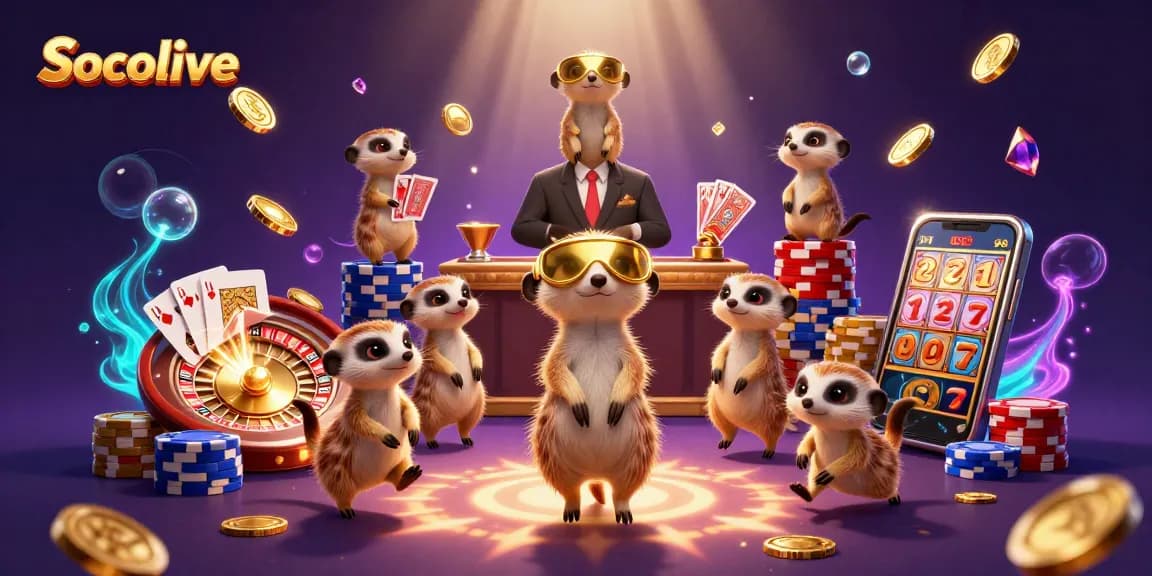 Socolive features meerkats managing a vibrant casino scene filled with gold coins and gaming elements, showcasing dynamic gambling activity.