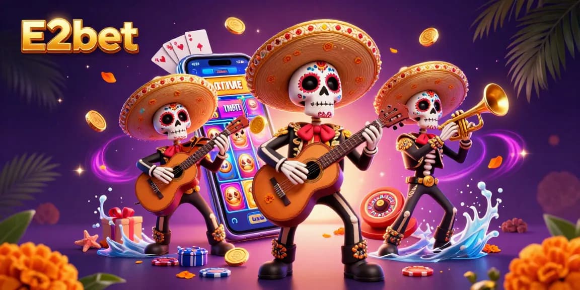 E2bet players enjoy a vibrant casino atmosphere with a colorful mariachi band and exciting slot games.