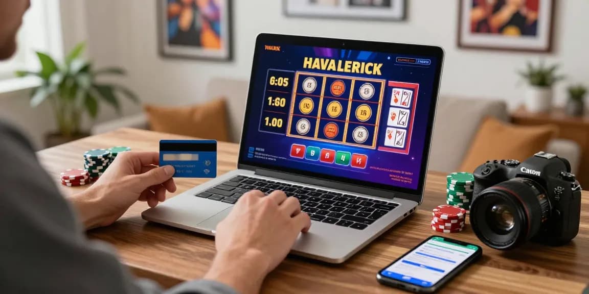 Player enjoying gaming at credit card casino via https://alsbury.co.uk/, laptop, credit card, vibrant atmosphere, home setup.