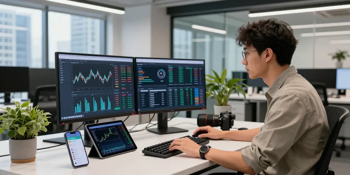 Developers using a free market data API in a modern tech workspace with financial data on screens.