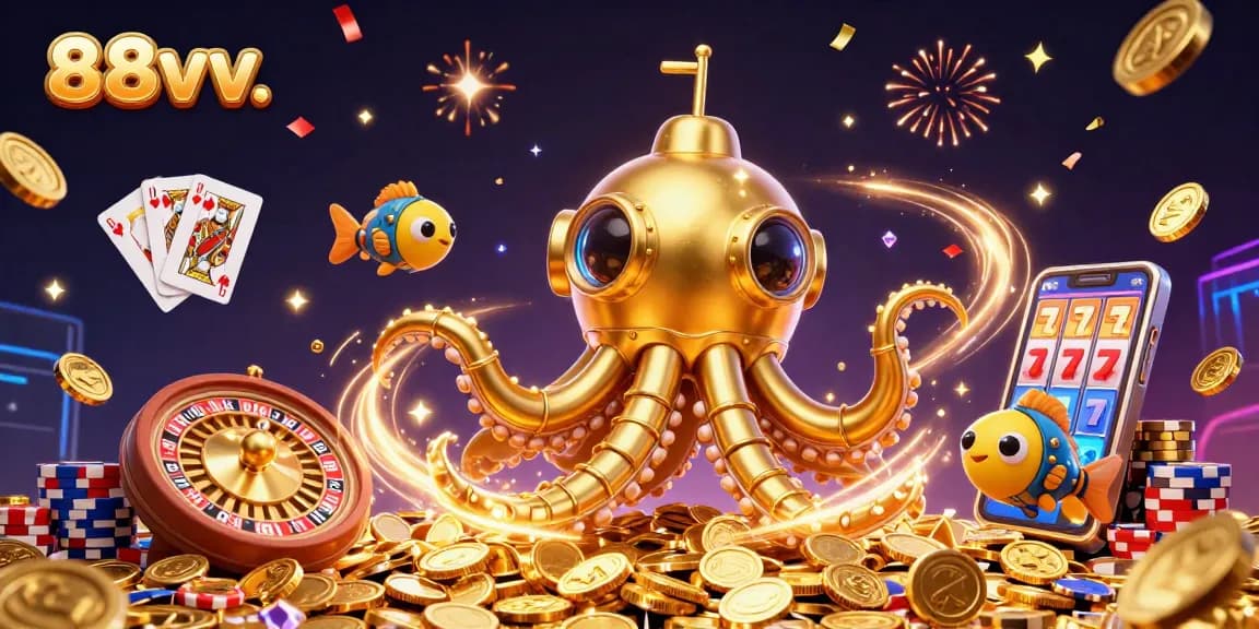 88vv. Dive into a vibrant online casino world filled with golden coins and joyful gaming excitement.