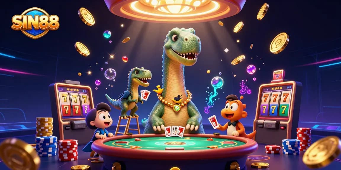 SIN88 showcases vibrant slot gaming with dinosaurs in a casino scene, using colors and motion for excitement.