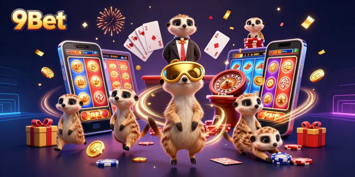 Engage in the lively 9Bet casino scene featuring meerkats managing games and colorful slot action.