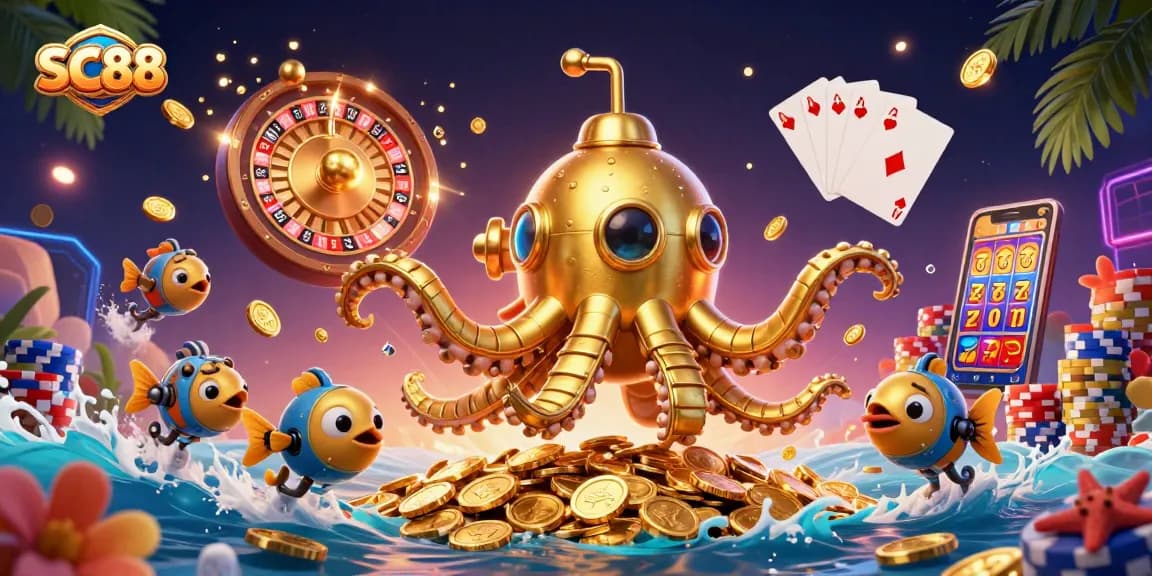 Experience the excitement of SC88 with a vibrant casino scene featuring a golden kraken submarine amidst cascading coins and roulette.