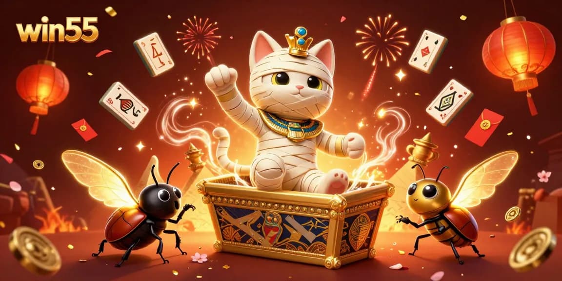 Experience the excitement at win55 with a vibrant Egyptian cat and magical elements!