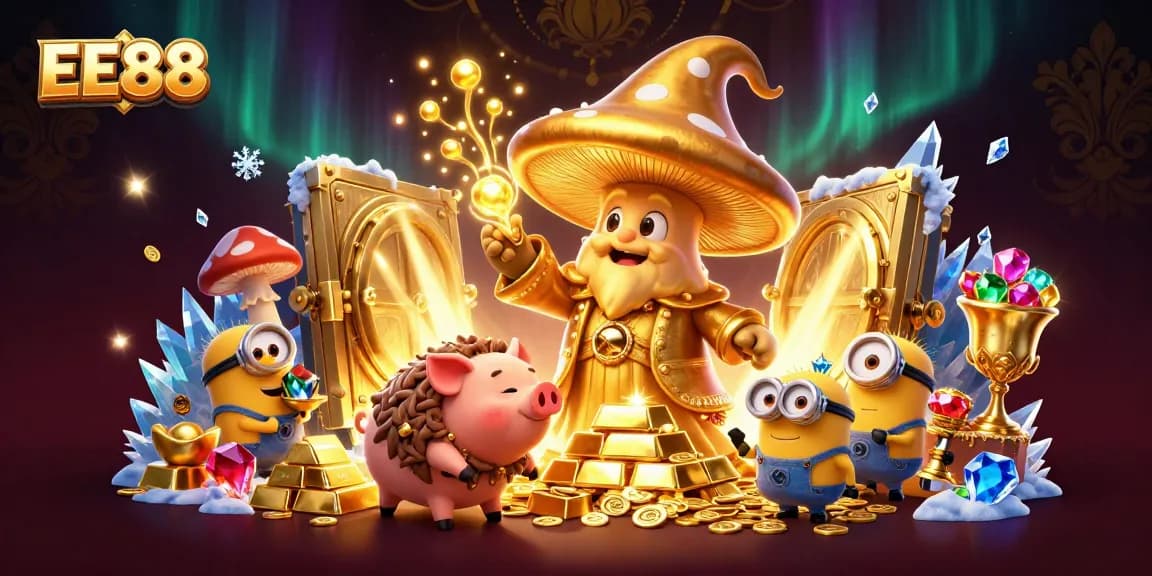 Spin the reels at EE88 with a magical golden wizard, treasure, and gems in a vibrant casino scene.