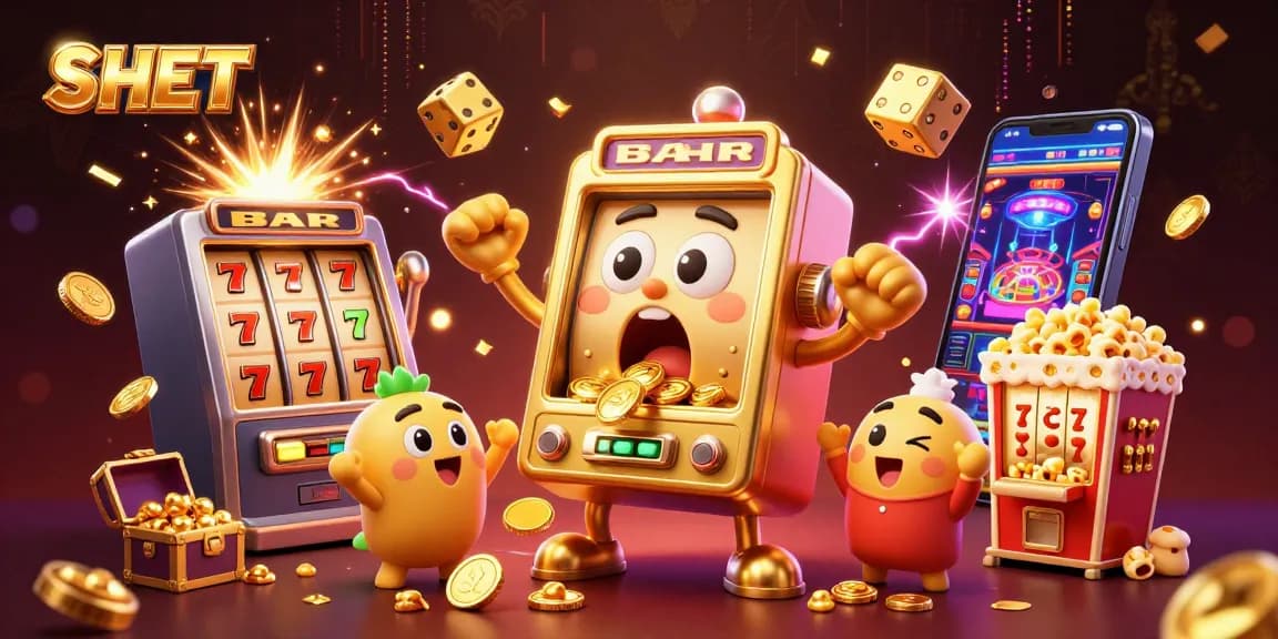 Experience the thrill of SH BET as a golden slot machine triumphantly hits a jackpot, surrounded by celebrating slot machines and casino delights.