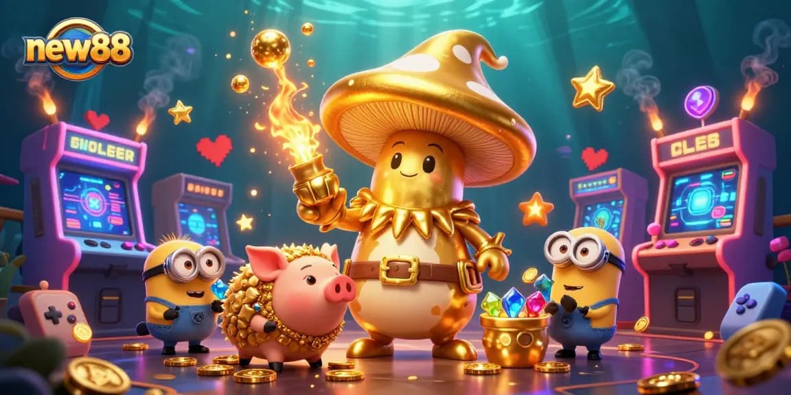 Experience the excitement of new88 with golden magic and treasure in this vibrant casino illustration.
