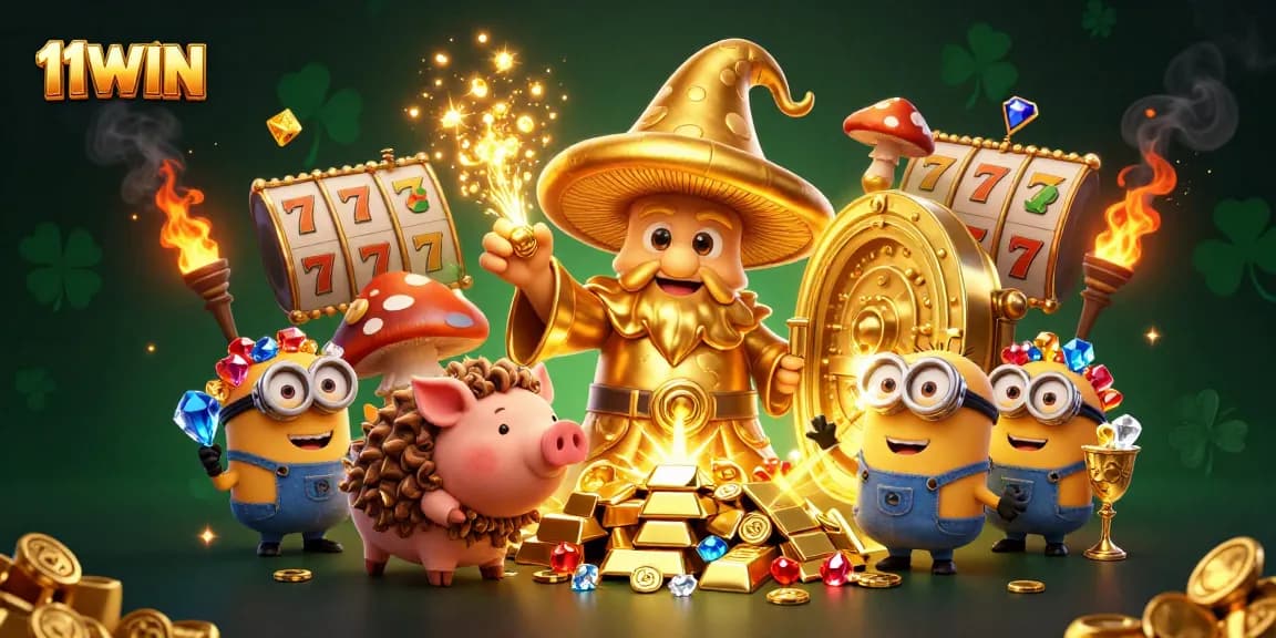 11WIN showcases a magical golden mushroom wizard and treasures while spinning slot reels.