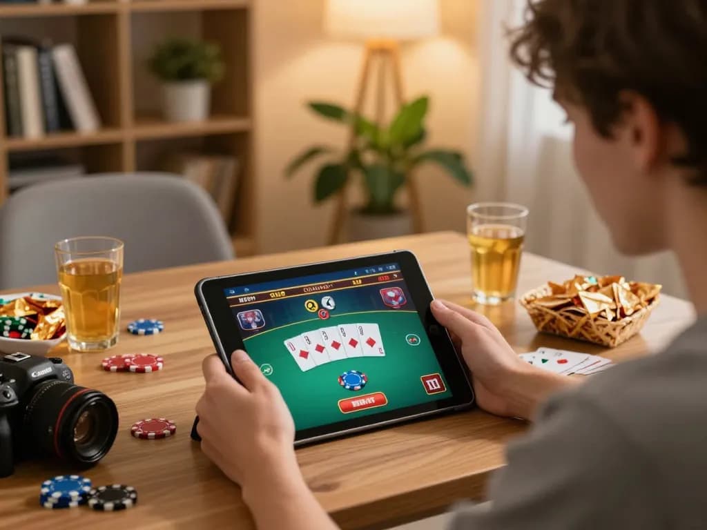 Tải App 98WIN to enjoy an engaging online poker game on a tablet while relaxing at home.