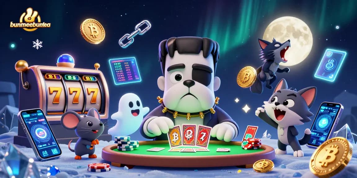 Menangkan permainan slot di bunmeebuntea dengan karakter unik dalam aksi berdampingan dengan simbol slot dan koin crypto yang berkilau.