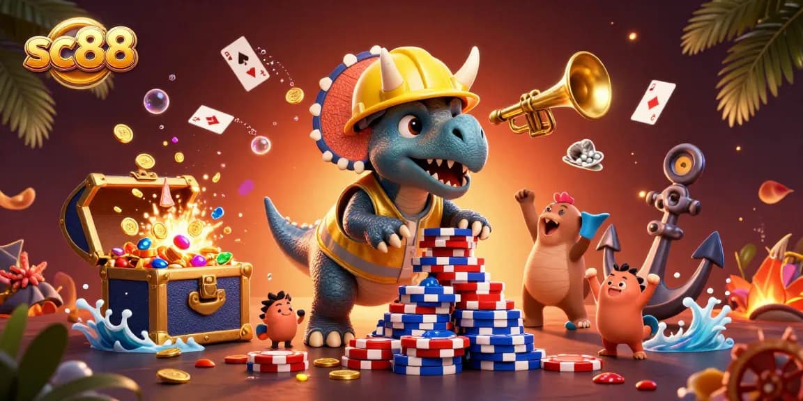 Experience exciting casino action with sc88 as cartoon characters build a poker chip pyramid.