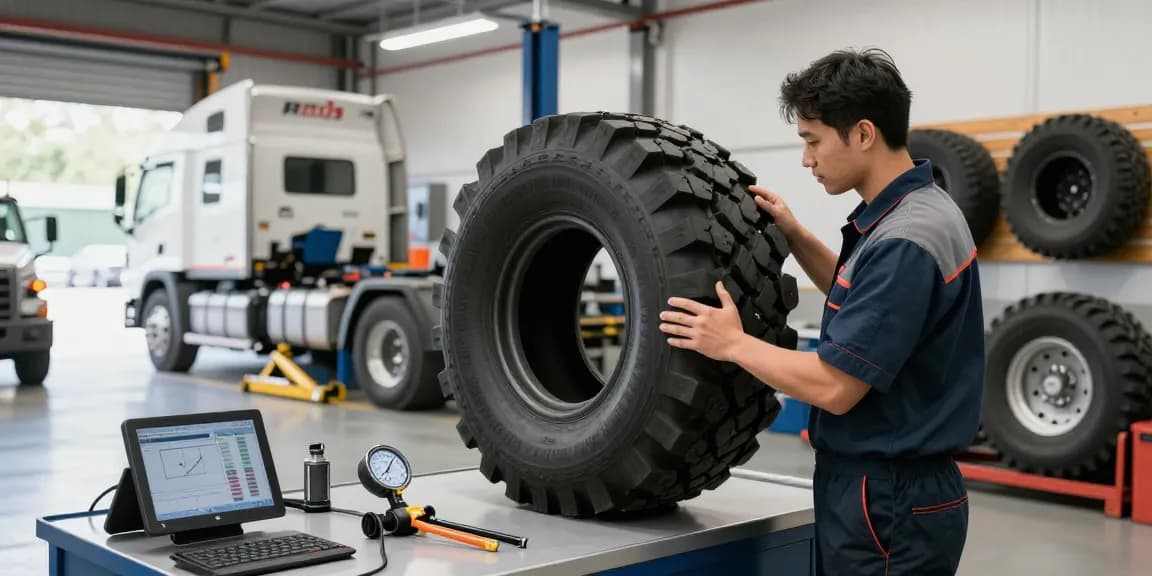 Technician inspecting heavy-duty Double Coin RR99 tires in an automotive service garage.