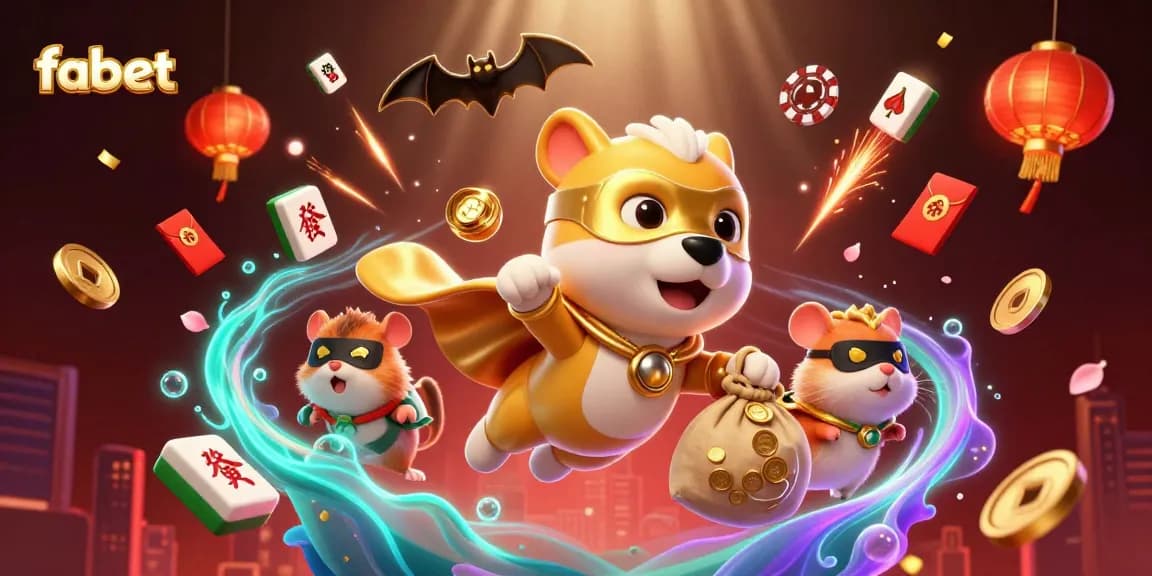 Experience thrilling bets at fabet with a superhero dog and hamster, surrounded by gold coins and festive symbols.
