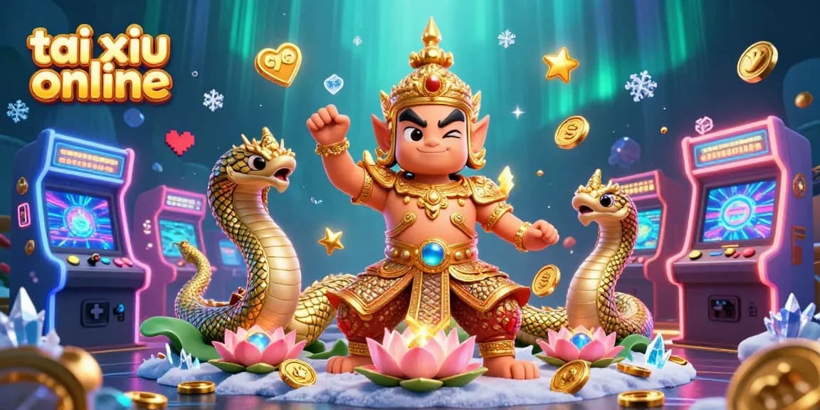 Experience tai xiu online excitement with vibrant arcade machines and guardian figures in 3D illustration.
