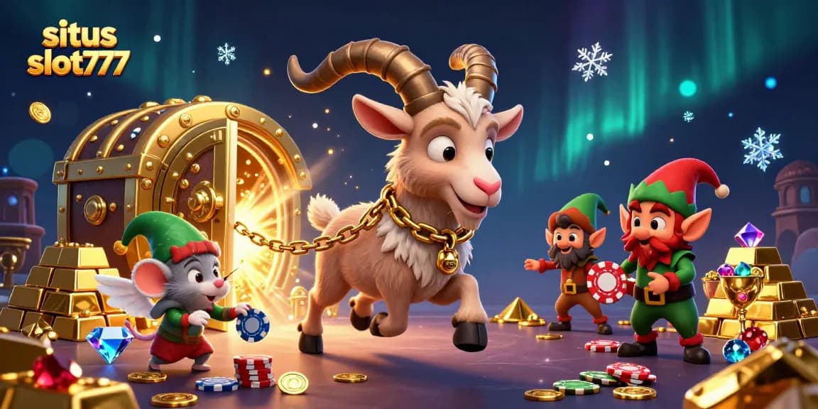 Experience the excitement of situs slot777 with festive Krampus, magical gems, and animated characters in a dynamic casino scene.