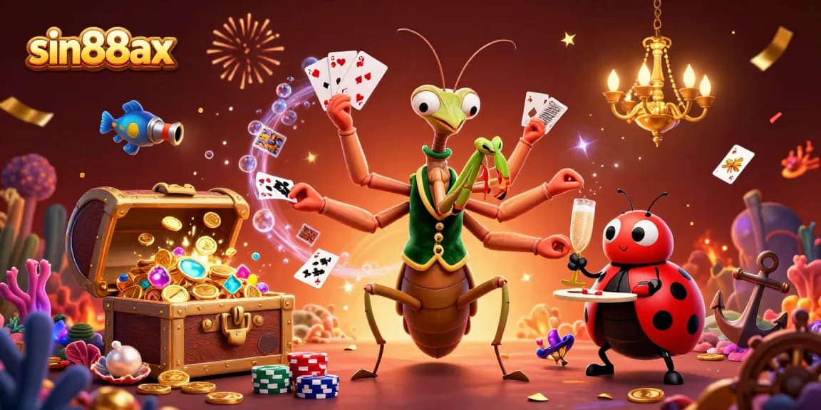 Experience the thrilling world of sin88ax with a vibrant casino-themed illustration featuring a lively 3D mantis dealer.