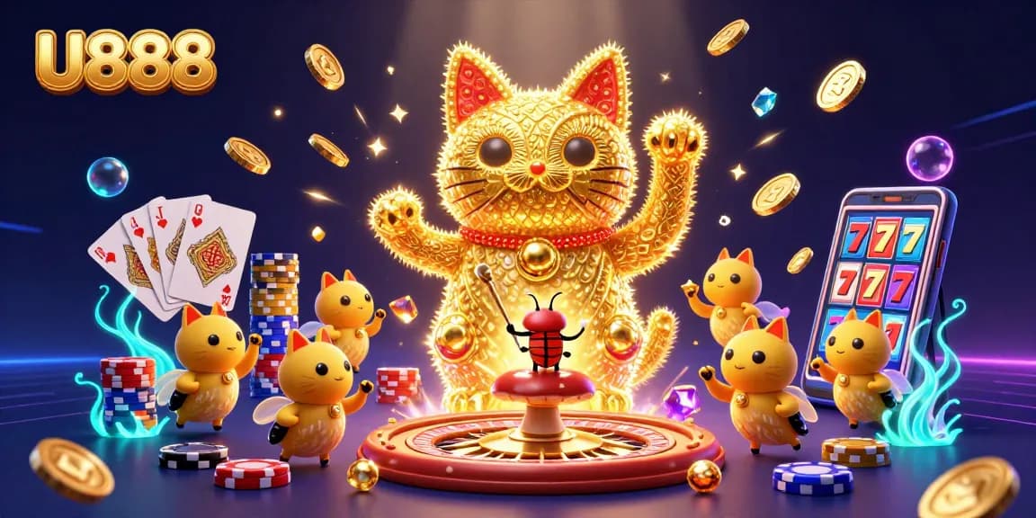 Experience the thrilling world of U888 with a vibrant lucky cat illustration in a rich casino setting.