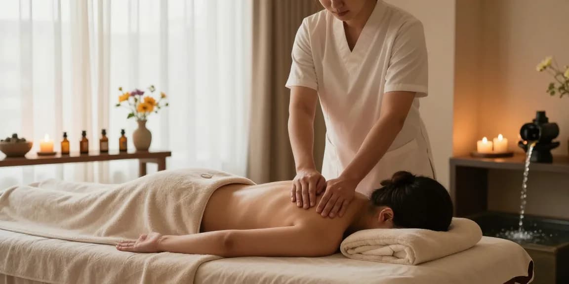 마사지 중인 치유사와 편안한 스파 환경을 보여주는 이미지
