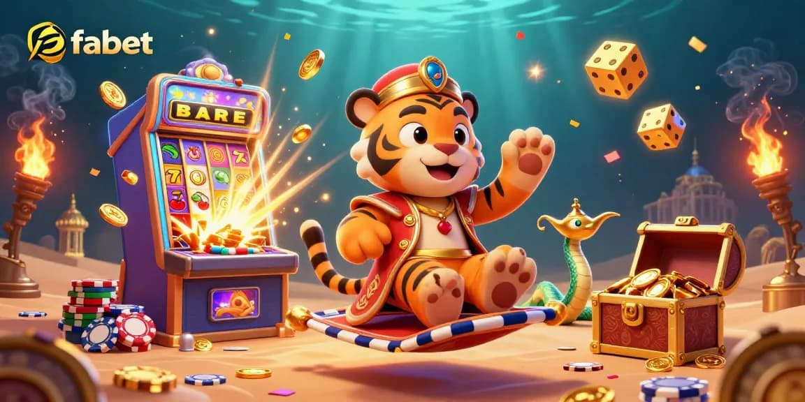 Win big with fabet: a vibrant casino scene featuring a tiger sultan, slot machines, and golden treasures