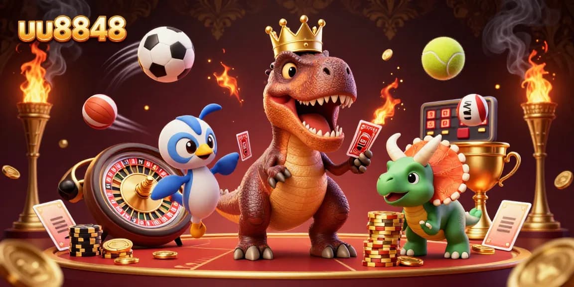 Experience thrilling gameplay with uu8848 where a T-Rex shuffles cards while a triceratops stacks golden chips.