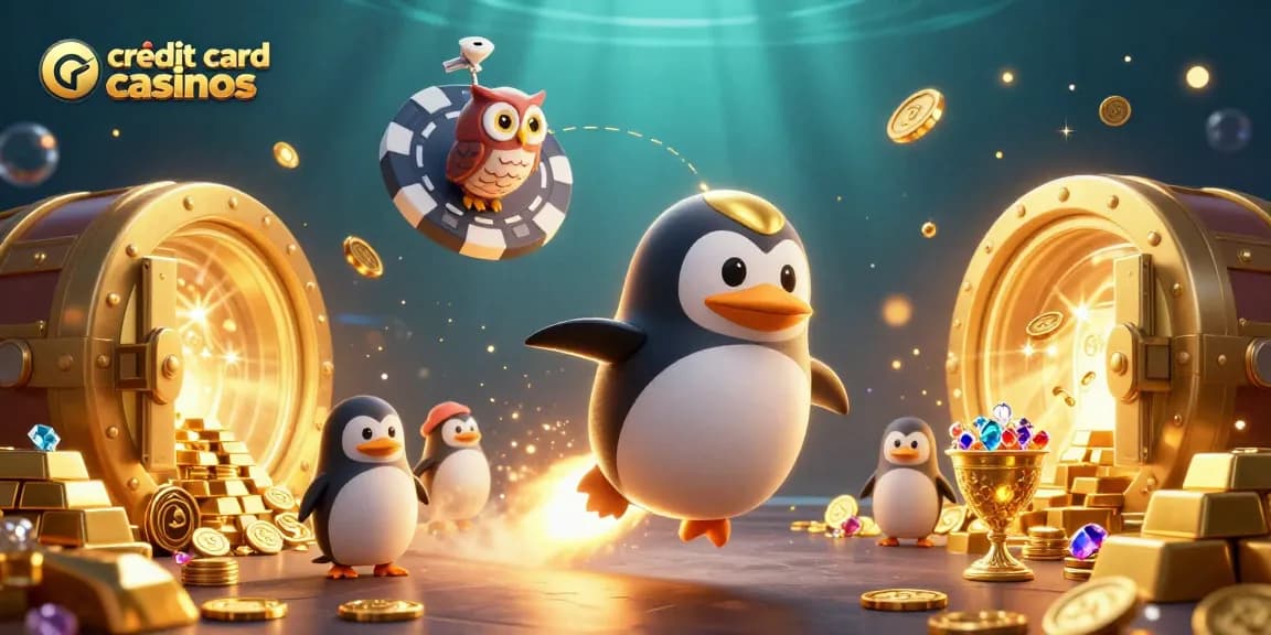 Experience thrilling gaming at credit card casinos with a whimsical illustration featuring a golden penguin.