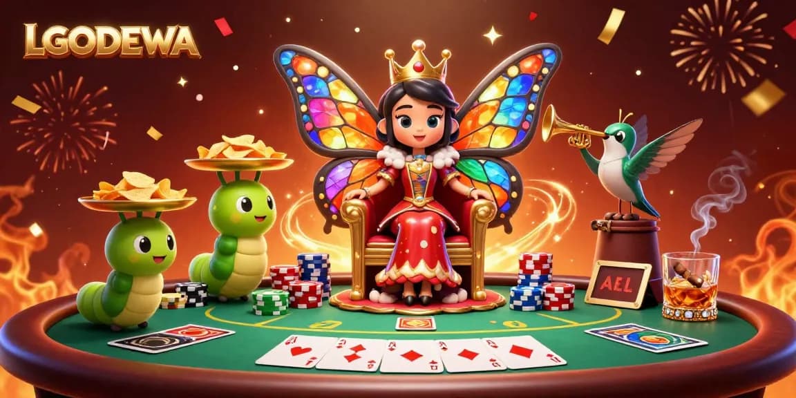 Experience the excitement of LGODEWA with vibrant poker elements and a magical carnival theme.