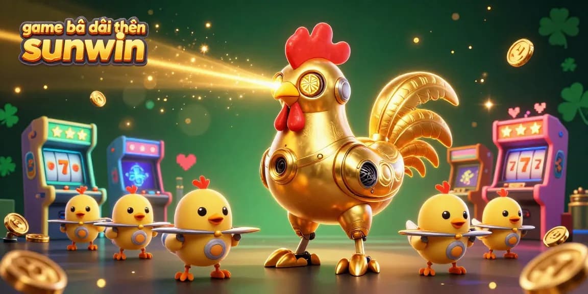 Experience game bài đổi thưởng sunwin with a vibrant scene of a golden rooster robot and arcade machines.