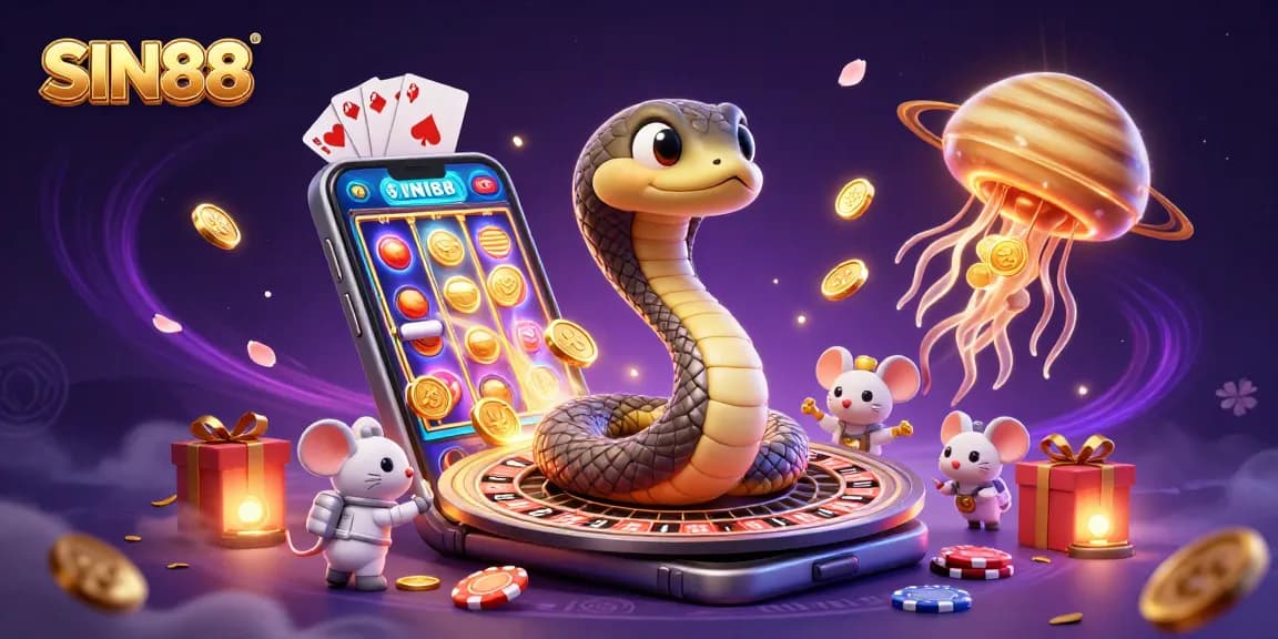 SIN88 showcases an exciting casino scene with a coiled Saturn snake roulette and astronaut mice betting
