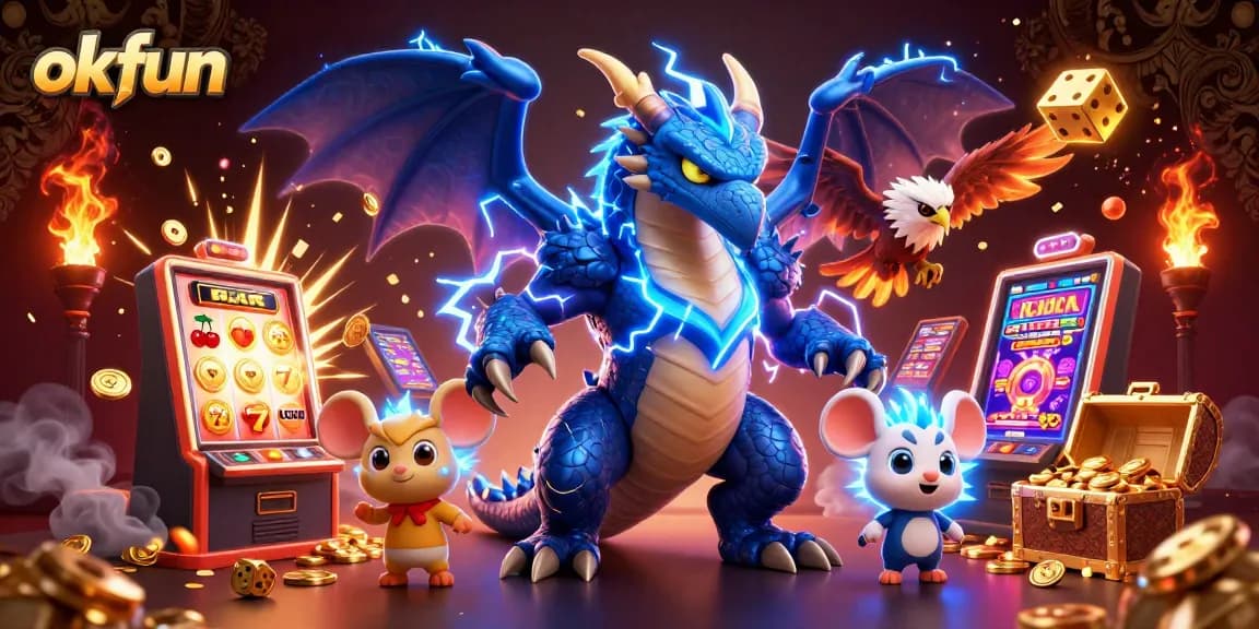 Engage in thrilling slots at okfun with an electric dragon and dynamic casino elements!