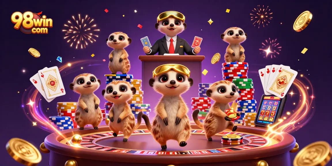 Experience the excitement at 98win com with meerkats managing a lively casino.
