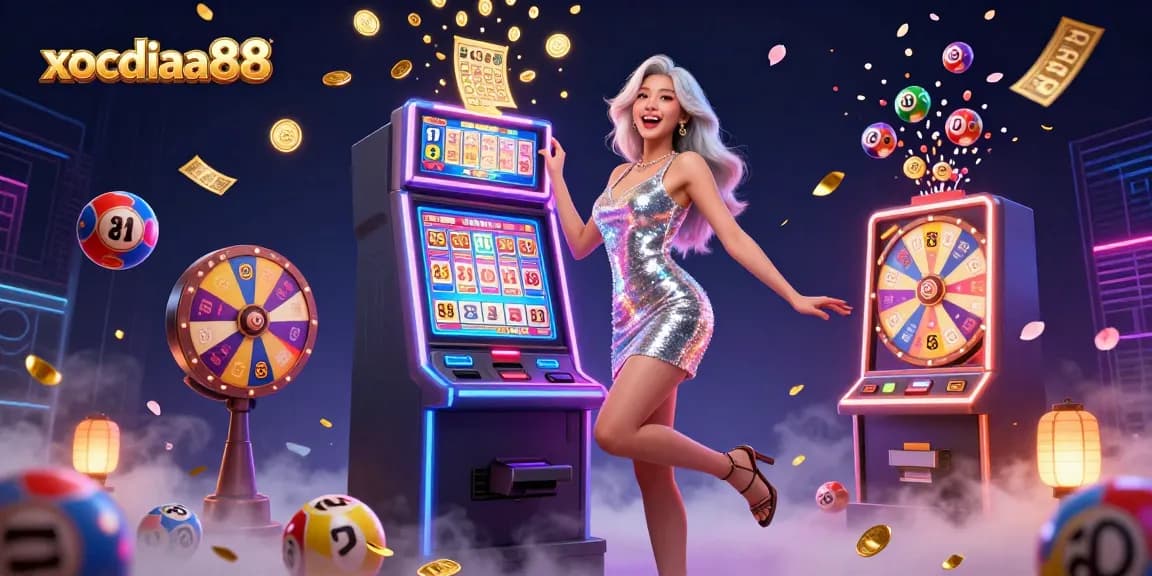 Xocdiaa88 offers a vibrant slot gaming experience with a celebratory woman beside a jackpot machine.