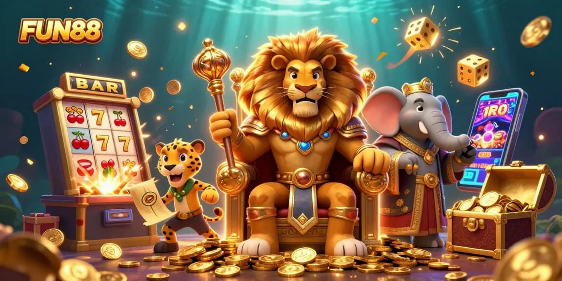 Engage in the thrilling world of FUN88 with a vibrant 3D casino scene depicting a lion king and his advisors.
