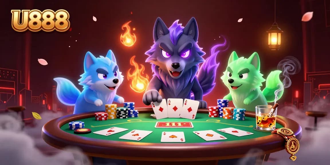 Engage with U888's festive poker scene featuring spectral wolves, vibrant chips, and glowing aura elements.