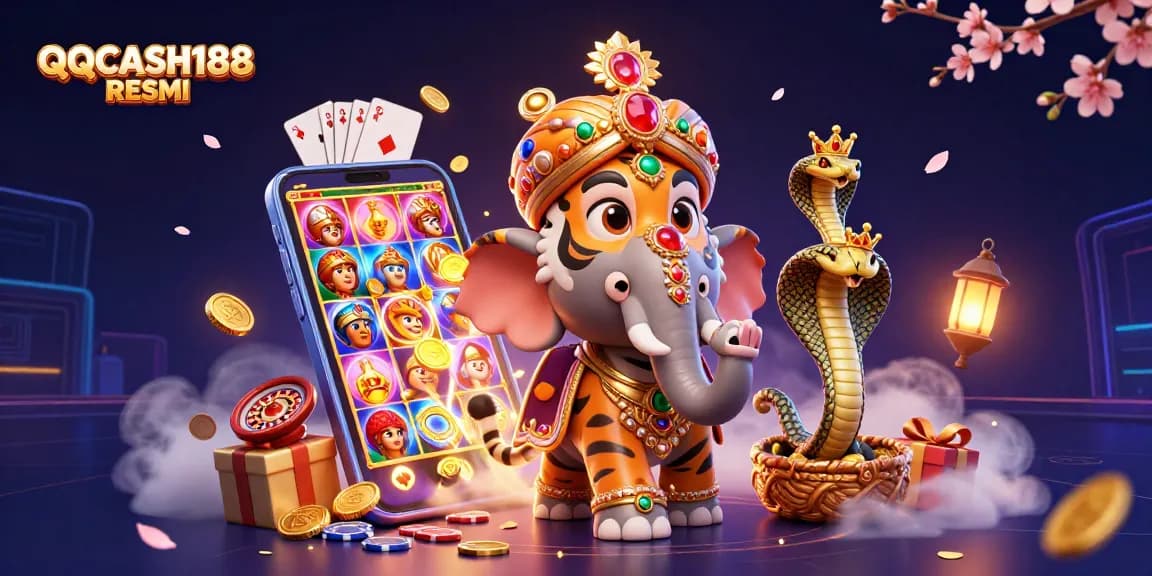 Engage with QQCASH188 RESMI through vibrant casino-themed illustration featuring maharaja, elephant, and game elements.