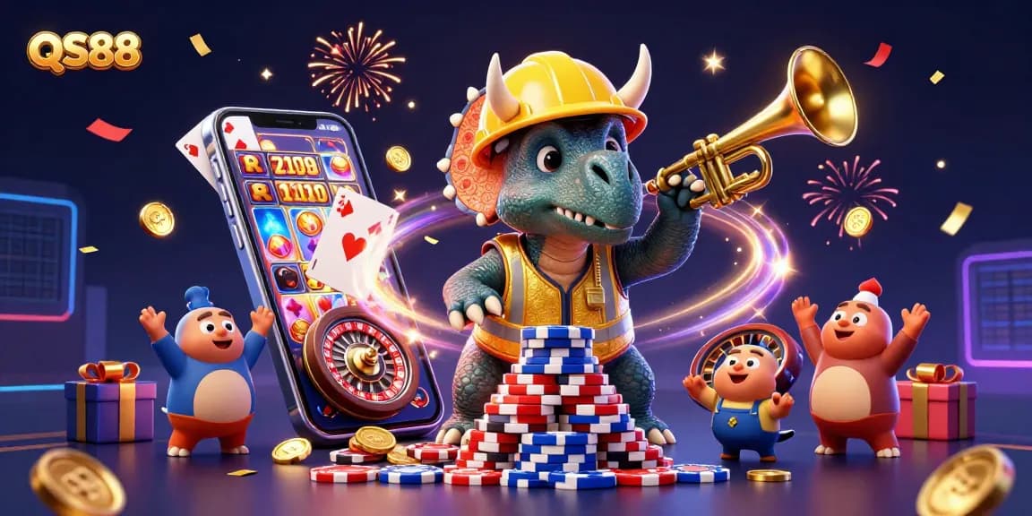 Experience QS88's thrilling gaming excitement with vibrant casino elements in a celebratory atmosphere.