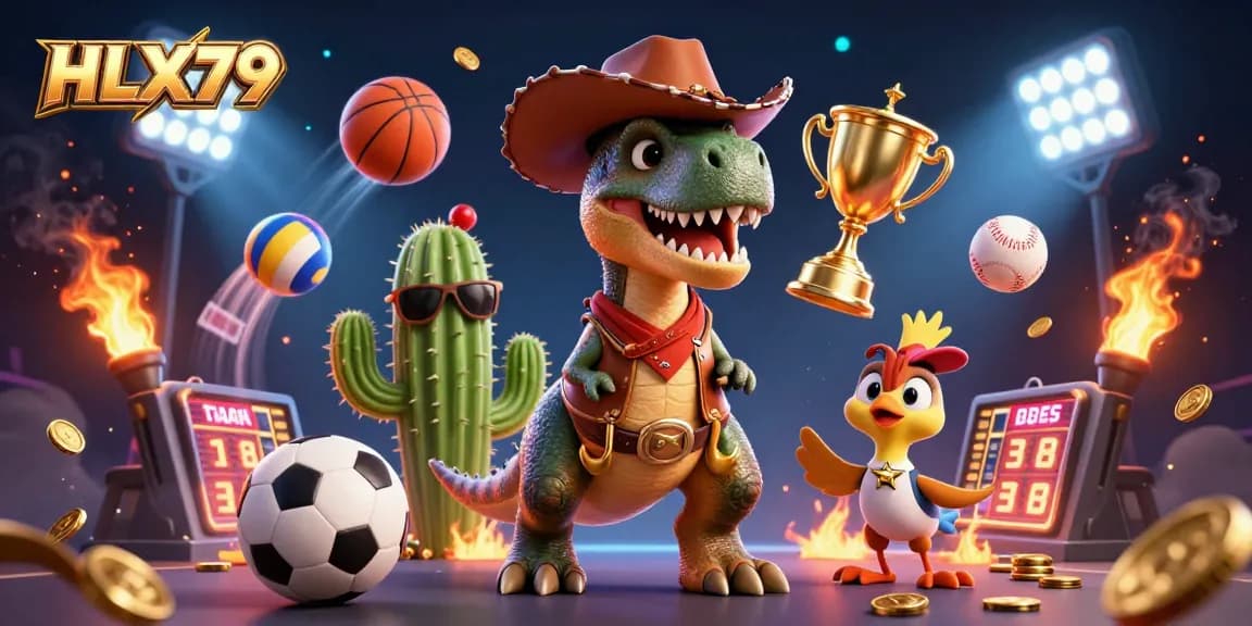HLX79 captivates viewers with a dynamic scene featuring a cowboy T-Rex and vibrant sports elements illustrating betting excitement.