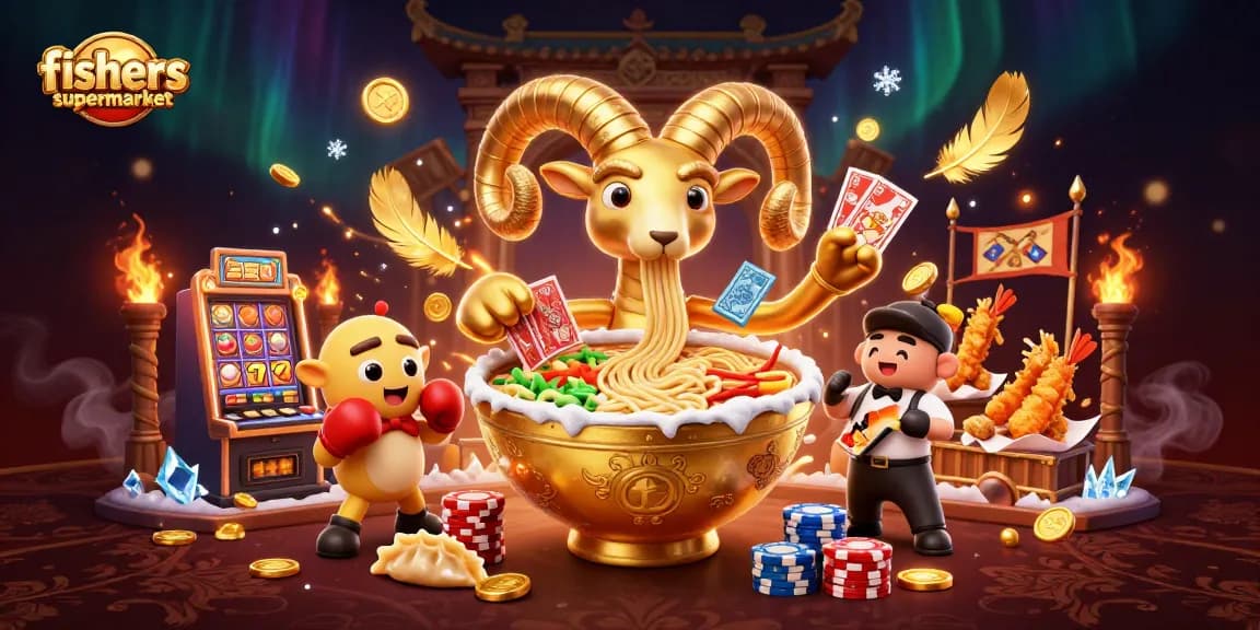 Engage with fishersupermarket's vibrant casino scene featuring a golden ramen bowl dealer, packed with slot elements.