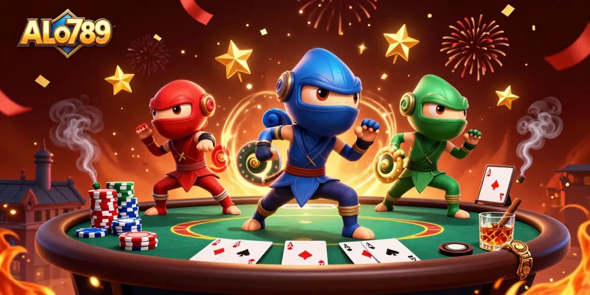 Engage with ALo789 casino action featuring ninja chameleons at a vibrant poker setup.