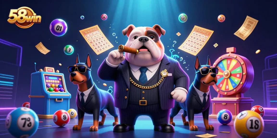 Experience the excitement of 58win with vibrant lottery balls and a dynamic casino environment featuring a bulldog mafia boss.