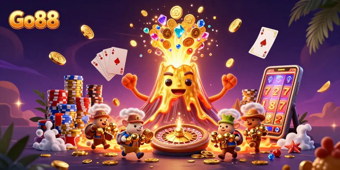 Engage with Go88's vibrant casino experience, featuring dynamic treasures and game elements in a rich 3D illustration.