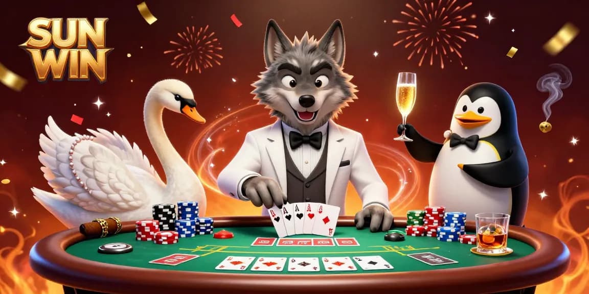 Engage in thrilling gambling action at SUN WIN with a debonair wolf, swan dealer, and penguin sommelier.