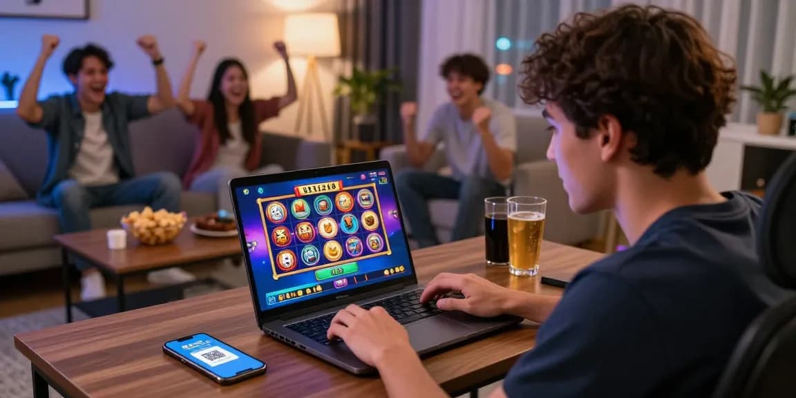 Engaged player enjoying a slot depo 1k game with friends in a lively living room.